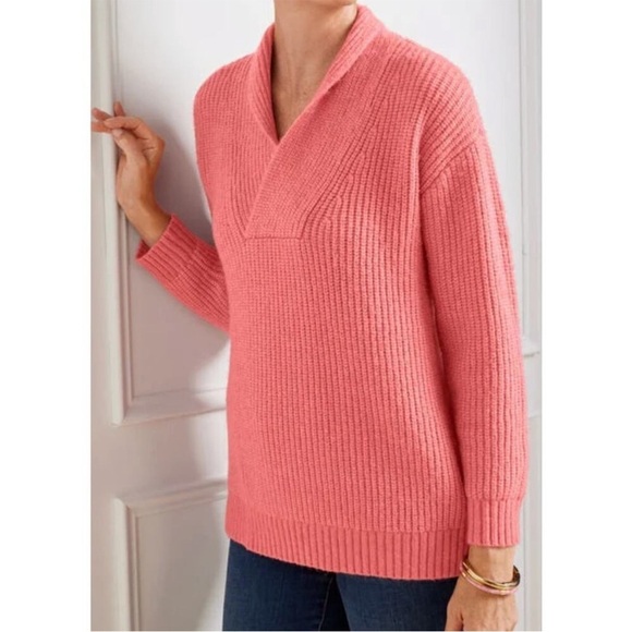 Talbots Shawl Collar Shaker Stitch Coral Sweater - Picture 1 of 11